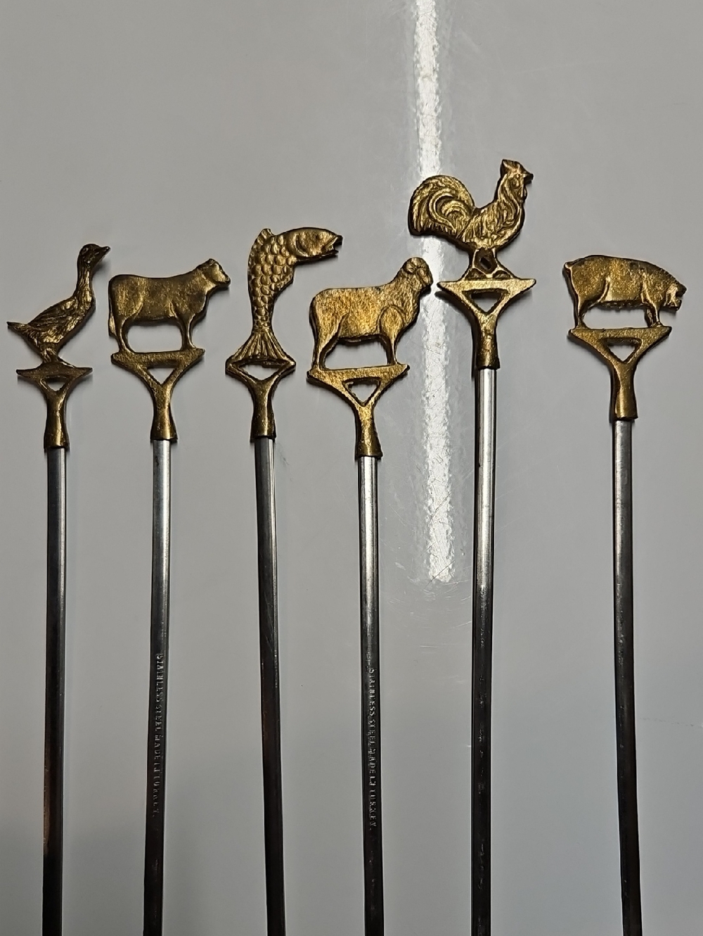 BRASS ANIMAL HEAD BARBECUE SKEWERS STAINLESS STEEL. MADE IN TURKEY. 16" SET OF 6